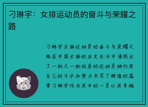 刁琳宇：女排运动员的奋斗与荣耀之路